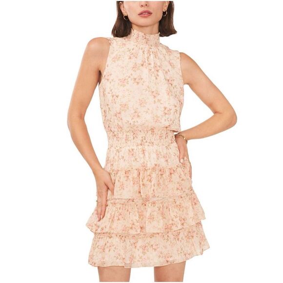 1. STATE Women's Floral Smocked Sleeveless Mock Neck Tiered Mini Dress Small - Picture 2 of 12